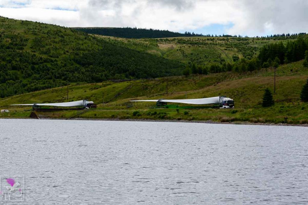 Wind farm turbine blades on transporters